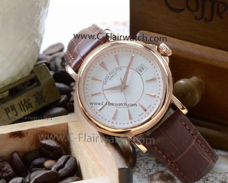 New Rose Gold Leather Fake Patek Philippe Watch